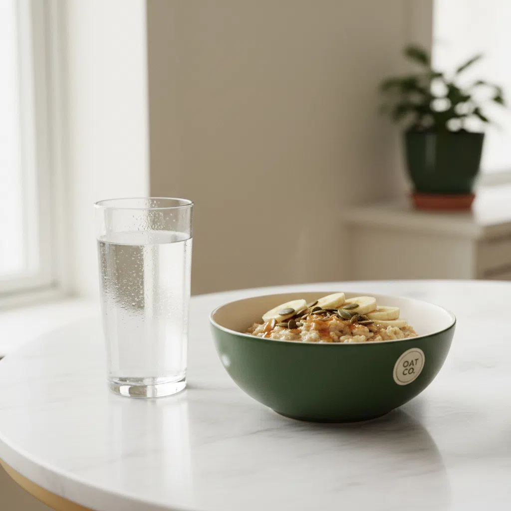 A glass of water and a light breakfast bowl on a bright kitchen table in the morning