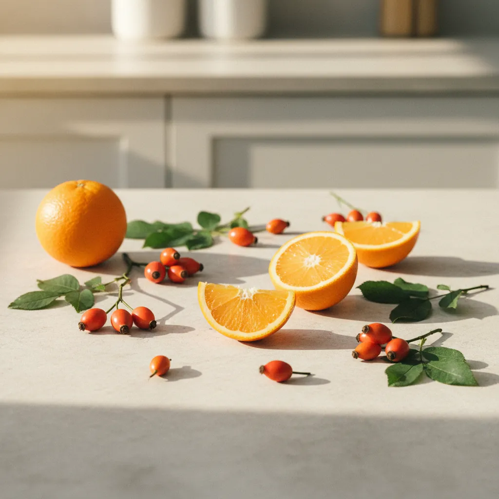 Fresh oranges, rosehips and green leaves arranged on a pale stone kitchen surface