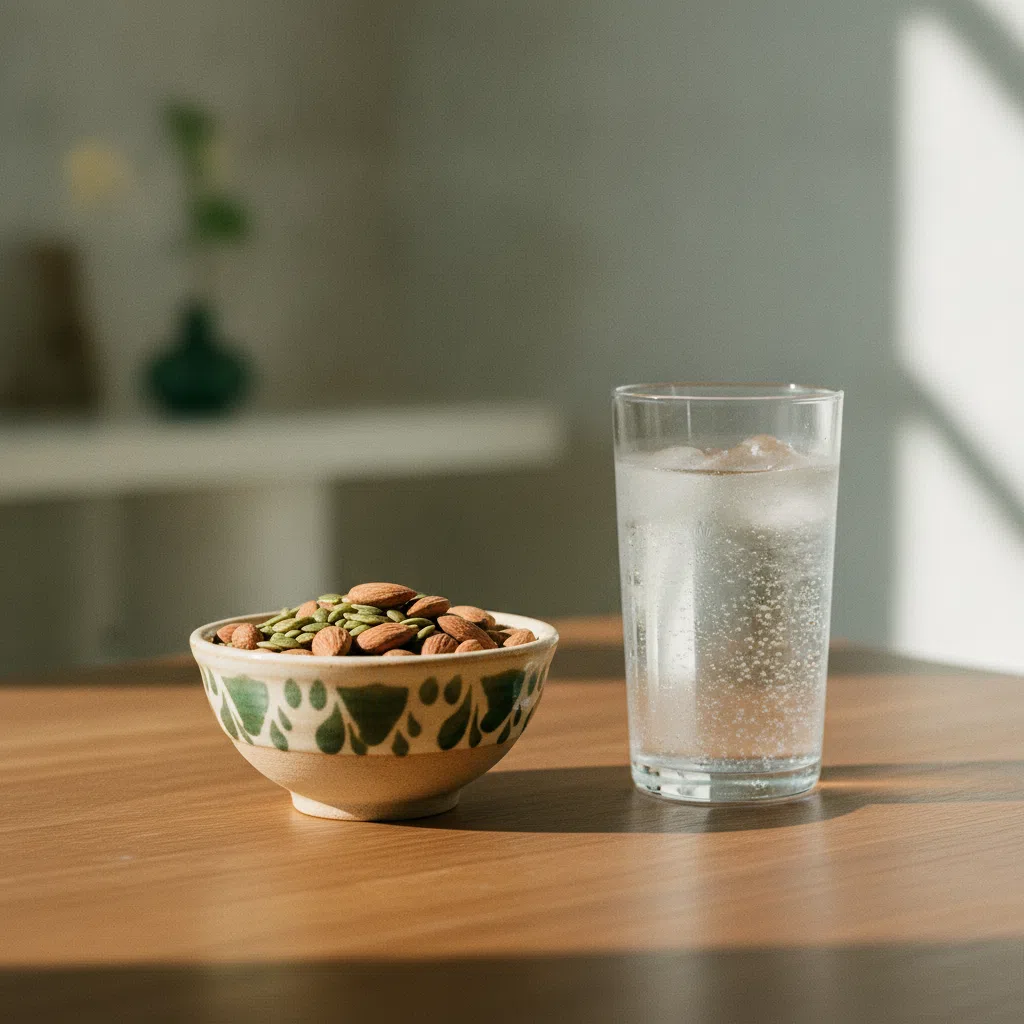 Mixed nuts and pumpkin seeds in a ceramic bowl beside a glass of mineral water on a wooden table