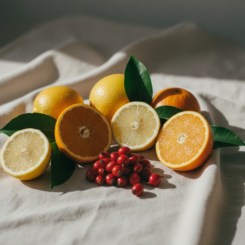Fresh citrus fruits and rosehips on a pale linen cloth - natural sources of vitamin C